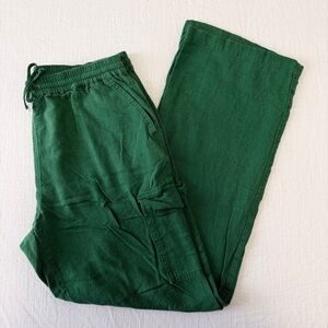 Green Linen Blend Cargo Pants